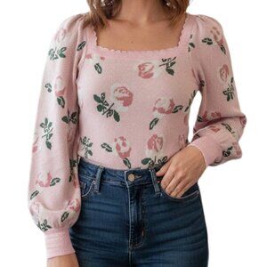 Pink Floral Sweater with Puff Sleeve - Willow and Wind - Medium - Coquette